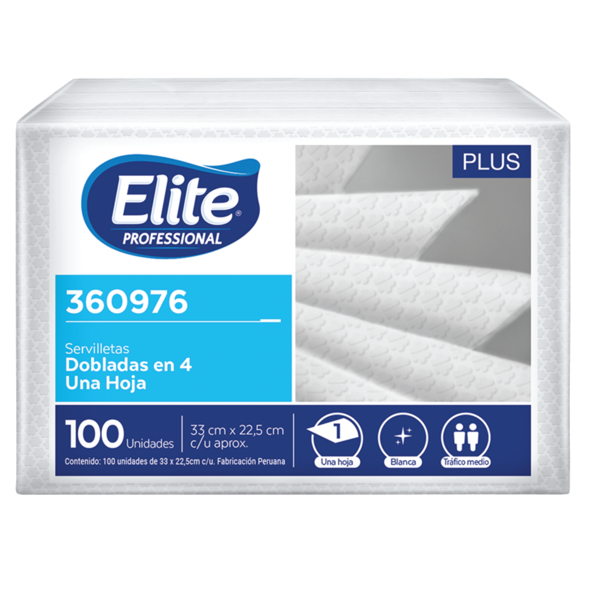 SERVILLETA PLUS BLANCA DOBLADA EN 4- 33X22.5CM 100H 360976